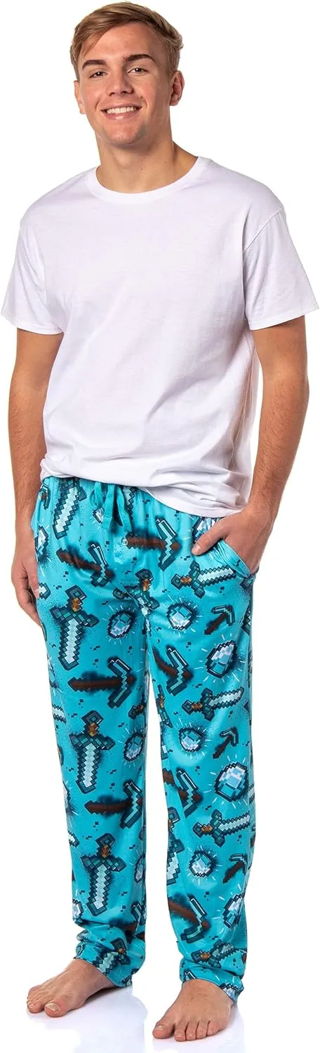 Men's Minecraft Pajama Pants Diamond Art Pickaxe And Sword Adult Sleep Pants | Minecraft Pajamas For Men