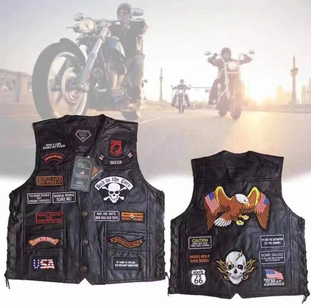 Men's Motorcycle Leather Vest American Flag Eagle Embroidered PU Vest