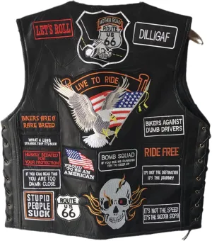 Men's Motorcycle Leather Vest American Flag Eagle Embroidered PU Vest