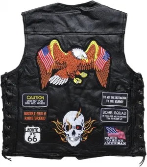 Men's Motorcycle Leather Vest American Flag Eagle Embroidered PU Vest