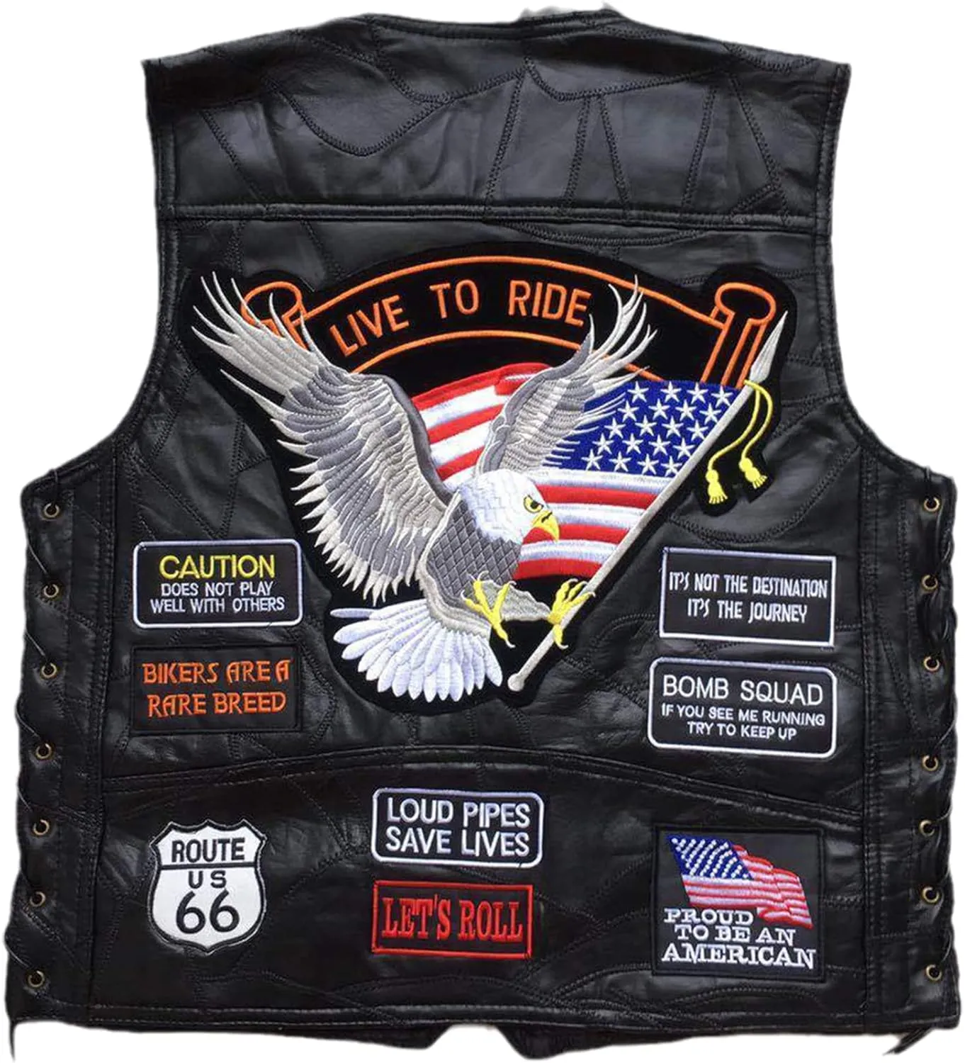 Men's Motorcycle Leather Vest American Flag Eagle Embroidered PU Vest