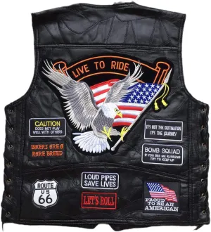Men's Motorcycle Leather Vest American Flag Eagle Embroidered PU Vest