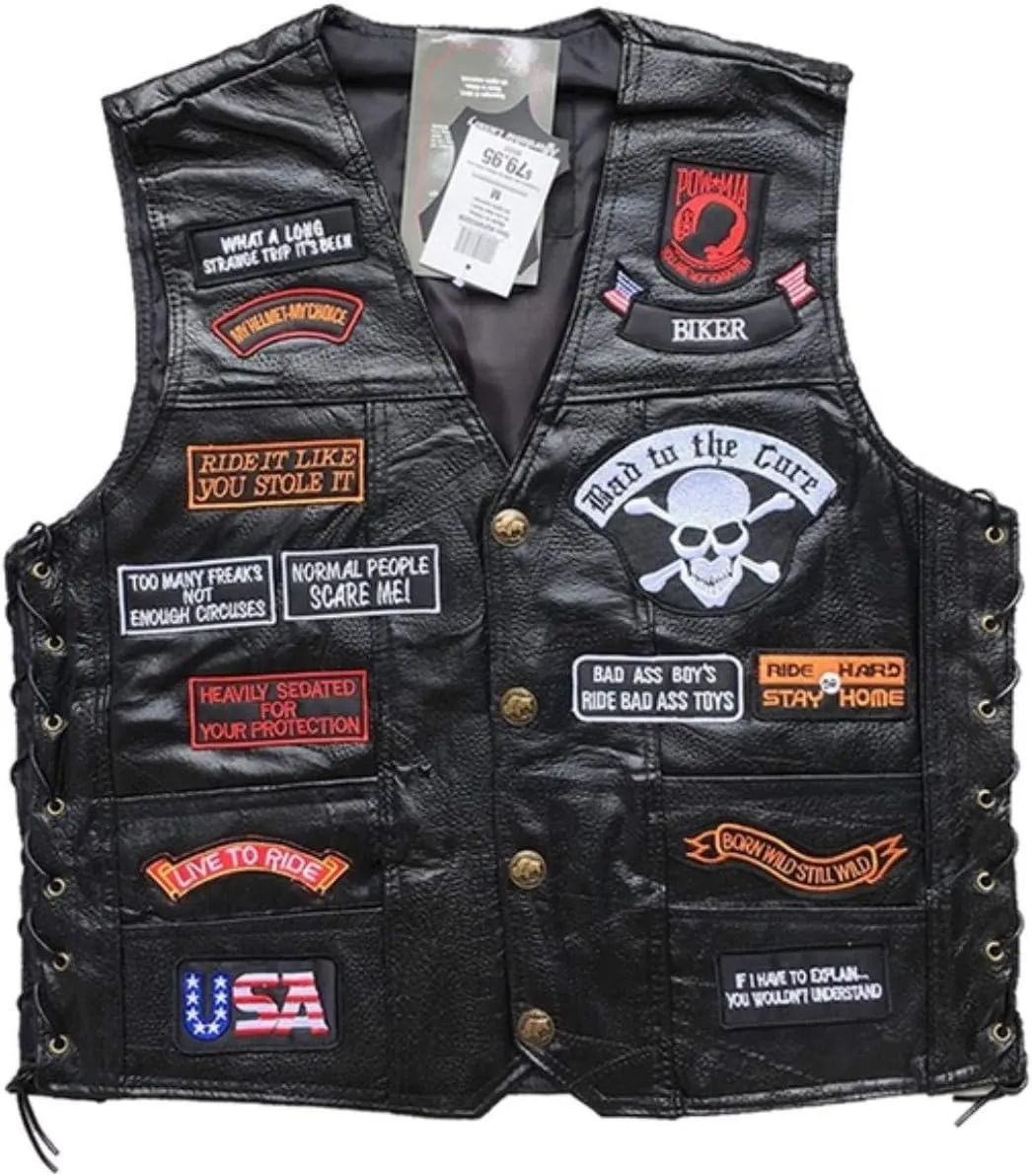 Men's Motorcycle Leather Vest American Flag Eagle Embroidered PU Vest