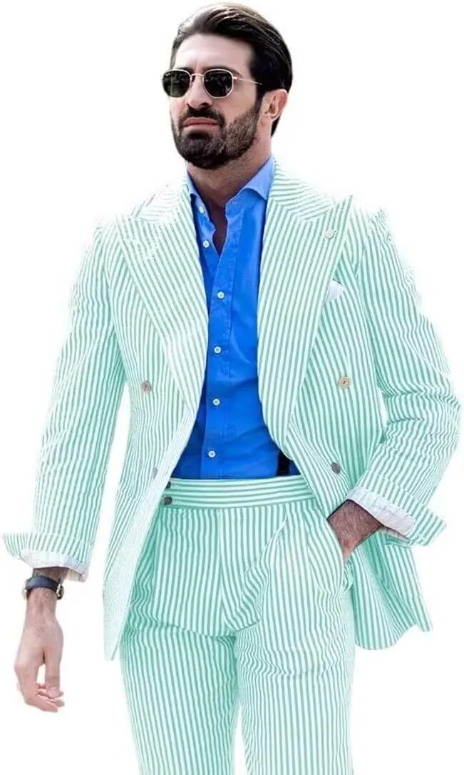 Men's Striped Seersucker Suits 2 Piece Slim Fit Wedding Tuxedo Summer Beach Leisure Suits Sets
