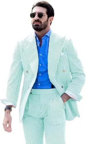 Men's Striped Seersucker Suits 2 Piece Slim Fit Wedding Tuxedo Summer Beach Leisure Suits Sets
