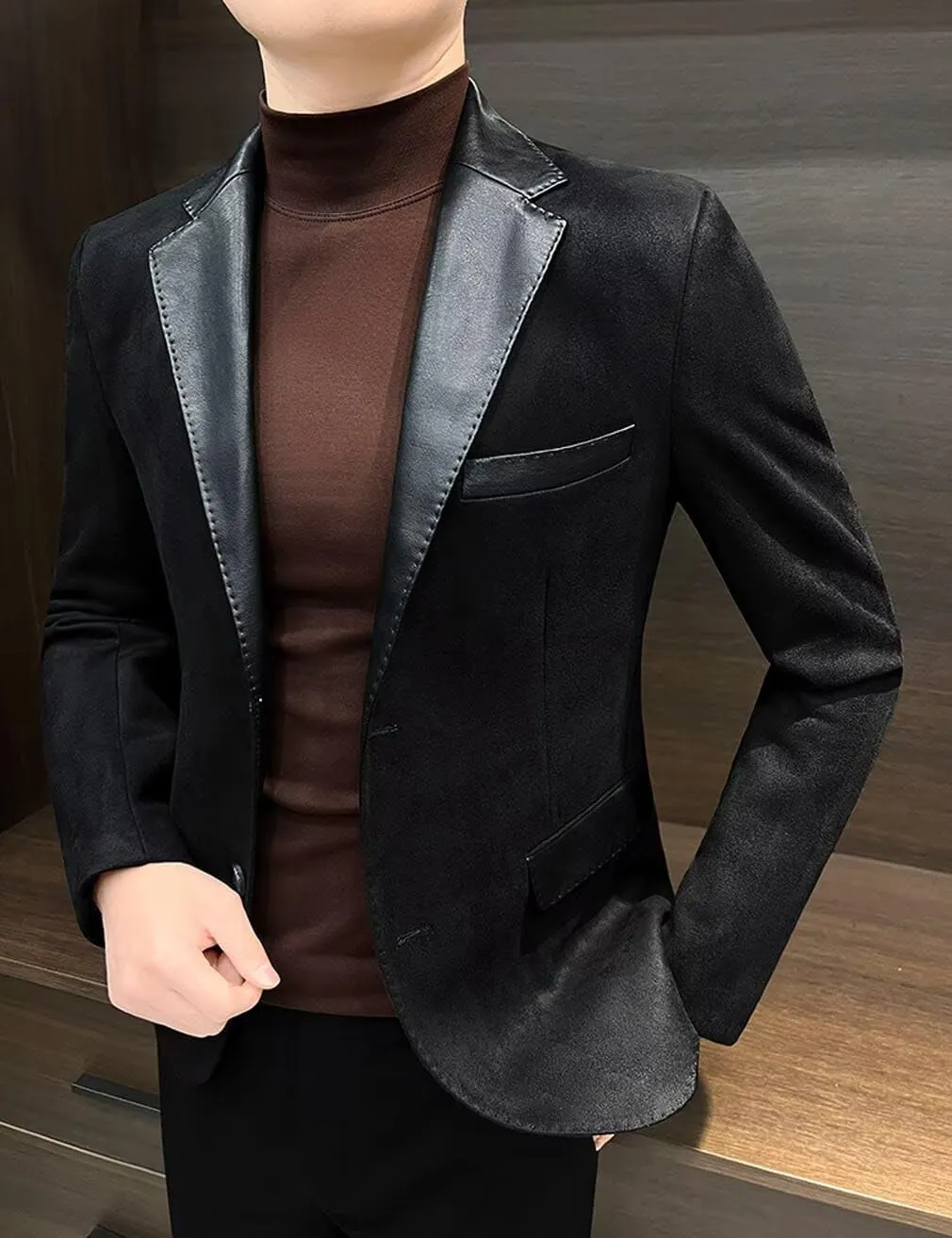 Men's Suede Blazer Jacket with Faux Leather Welding Collar Single Breasted Casual Business Sport Coat