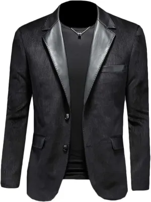 Men's Suede Blazer Jacket with Faux Leather Welding Collar Single Breasted Casual Business Sport Coat