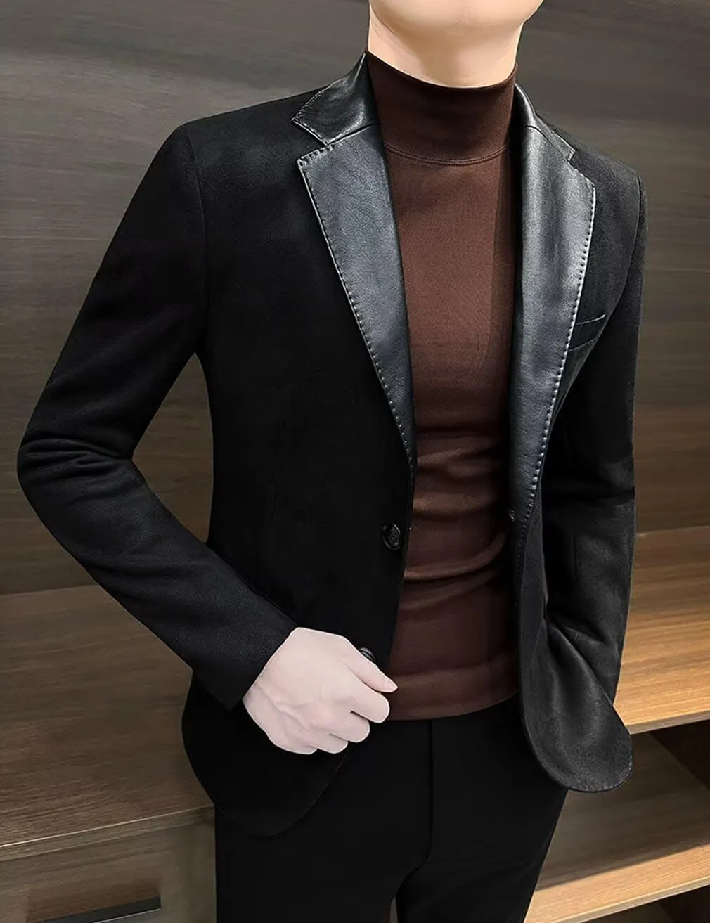 Men's Suede Blazer Jacket with Faux Leather Welding Collar Single Breasted Casual Business Sport Coat