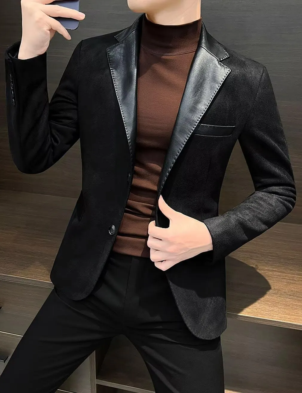 Men's Suede Blazer Jacket with Faux Leather Welding Collar Single Breasted Casual Business Sport Coat