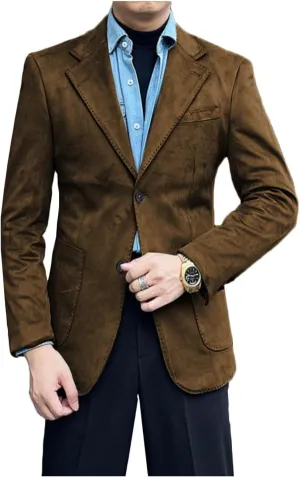 Men's Suede Single Breasted Blazer Sport Coat Notch Lapel Casual Business Jacket