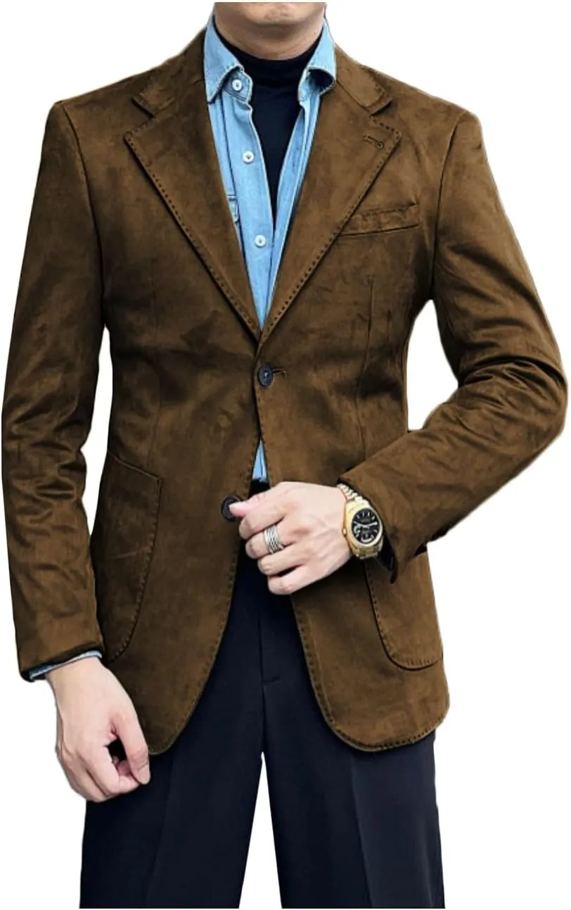 Men's Suede Single Breasted Blazer Sport Coat Notch Lapel Casual Business Jacket