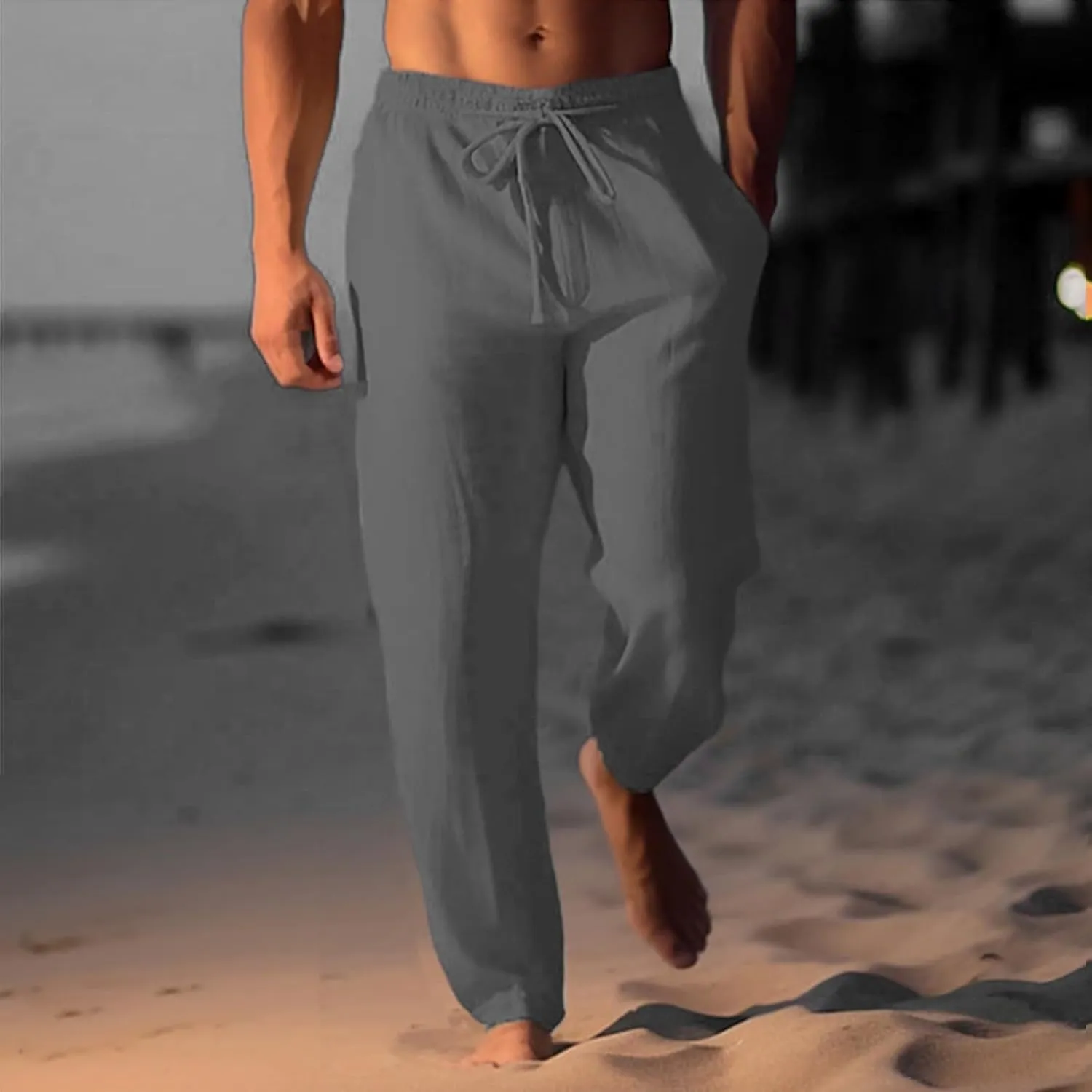 Men's Summer Beach Linen Pants Lightweight Casual Pants Elastic Waist Drawstring Trousers Outdoor Vacation Slacks