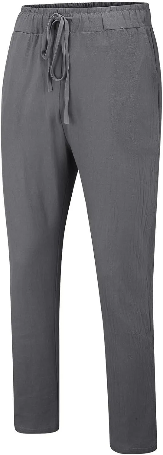 Men's Summer Beach Linen Pants Lightweight Casual Pants Elastic Waist Drawstring Trousers Outdoor Vacation Slacks