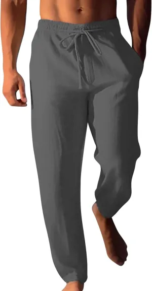 Men's Summer Beach Linen Pants Lightweight Casual Pants Elastic Waist Drawstring Trousers Outdoor Vacation Slacks
