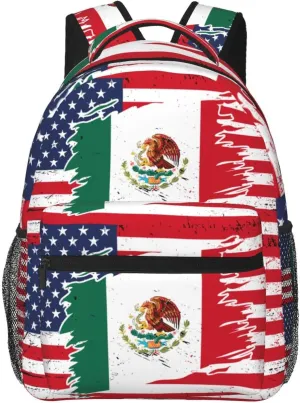 Mexican American Flag Backpack Casual Pack Bag Laptop Backpack With Side Pocket Front Zipper Pocket Bookpack Travel Daypack Picnic Rucksack