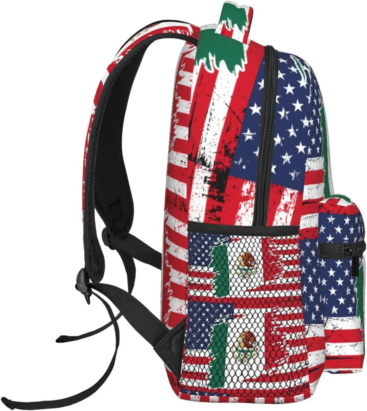 Mexican American Flag Backpack Casual Pack Bag Laptop Backpack With Side Pocket Front Zipper Pocket Bookpack Travel Daypack Picnic Rucksack