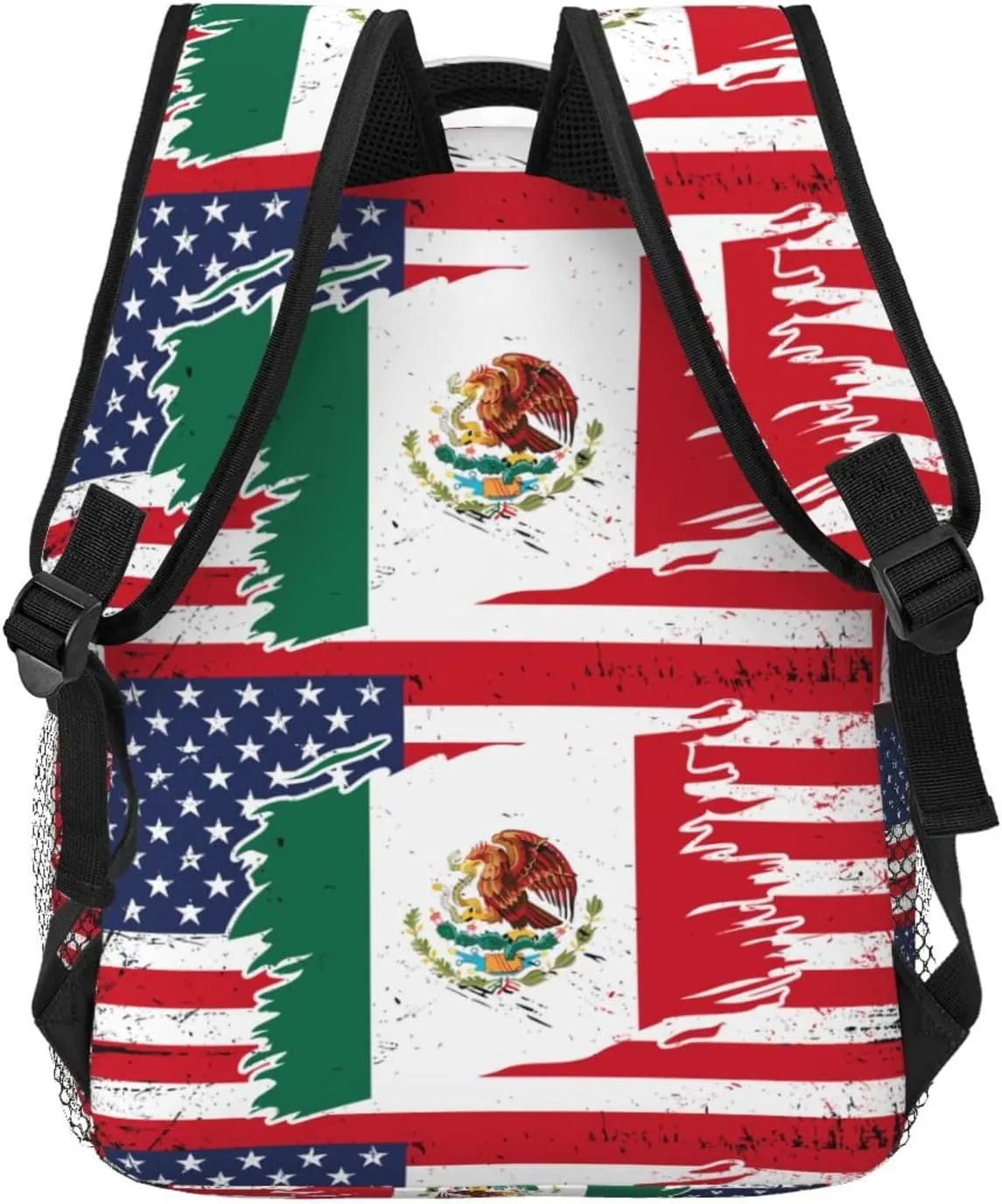 Mexican American Flag Backpack Casual Pack Bag Laptop Backpack With Side Pocket Front Zipper Pocket Bookpack Travel Daypack Picnic Rucksack