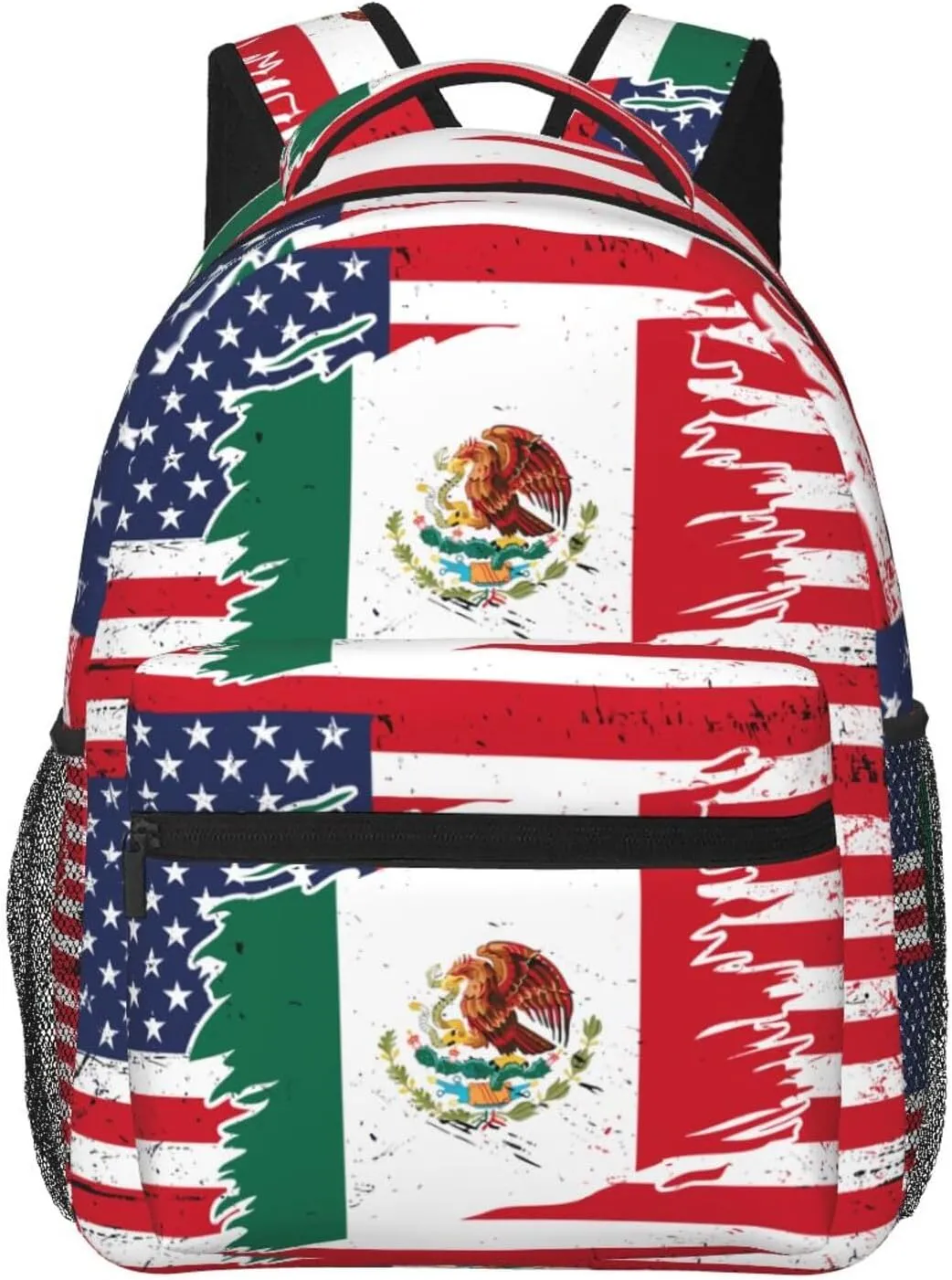 Mexican American Flag Backpack Casual Pack Bag Laptop Backpack With Side Pocket Front Zipper Pocket Bookpack Travel Daypack Picnic Rucksack