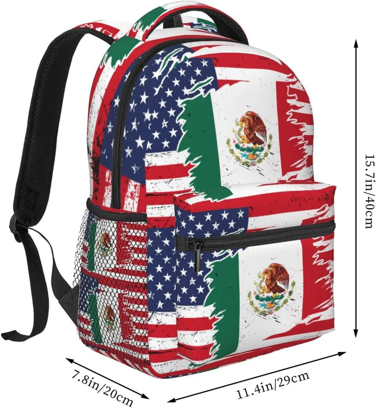 Mexican American Flag Backpack Casual Pack Bag Laptop Backpack With Side Pocket Front Zipper Pocket Bookpack Travel Daypack Picnic Rucksack