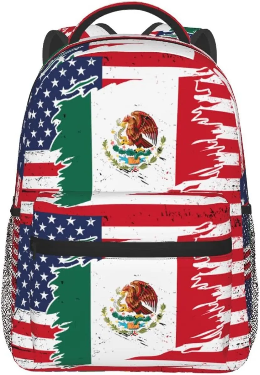 Mexican American Flag Backpack Casual Pack Bag Laptop Backpack With Side Pocket Front Zipper Pocket Bookpack Travel Daypack Picnic Rucksack