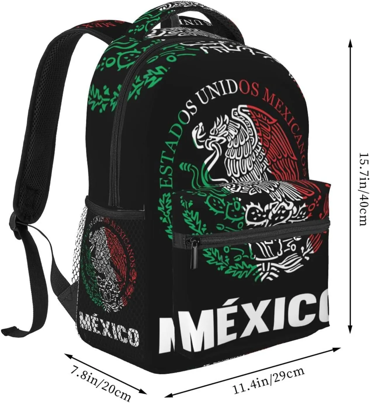 Mexican Flag Backpack Casual Pack Bag Laptop Backpack With Side Pocket Front Zipper Pocket Bookpack Travel Daypack Picnic Rucksack