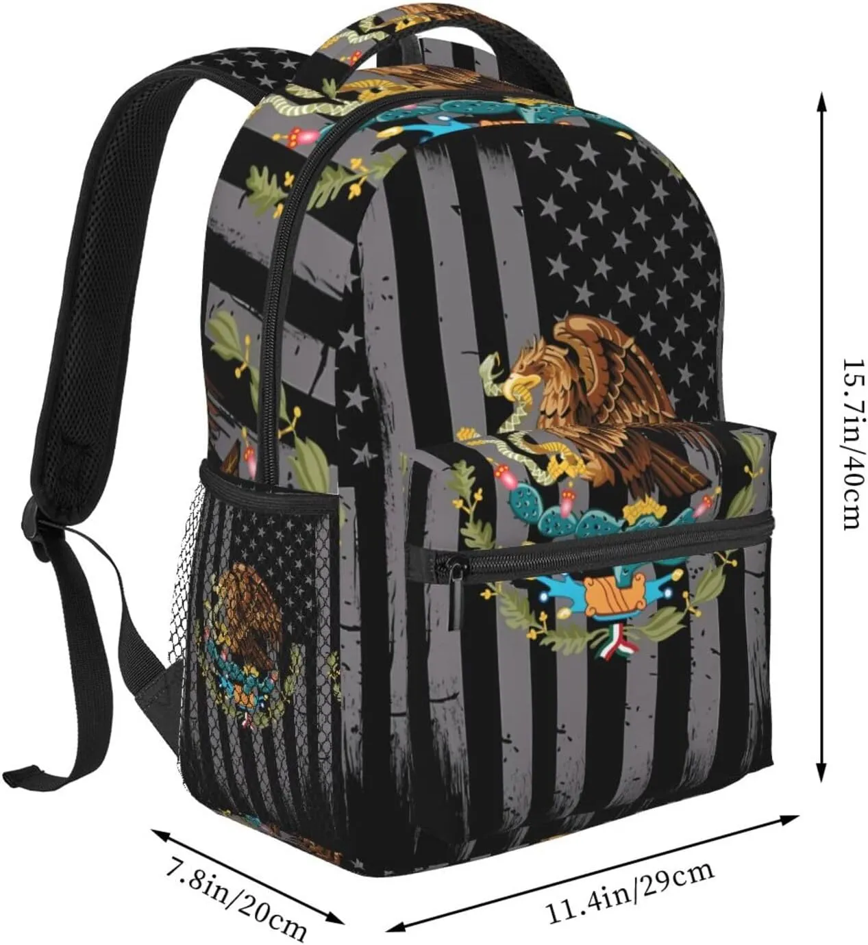 Mexican Flag Backpack Casual Pack Bag Laptop Backpack With Side Pocket Front Zipper Pocket Bookpack Travel Daypack Picnic Rucksack
