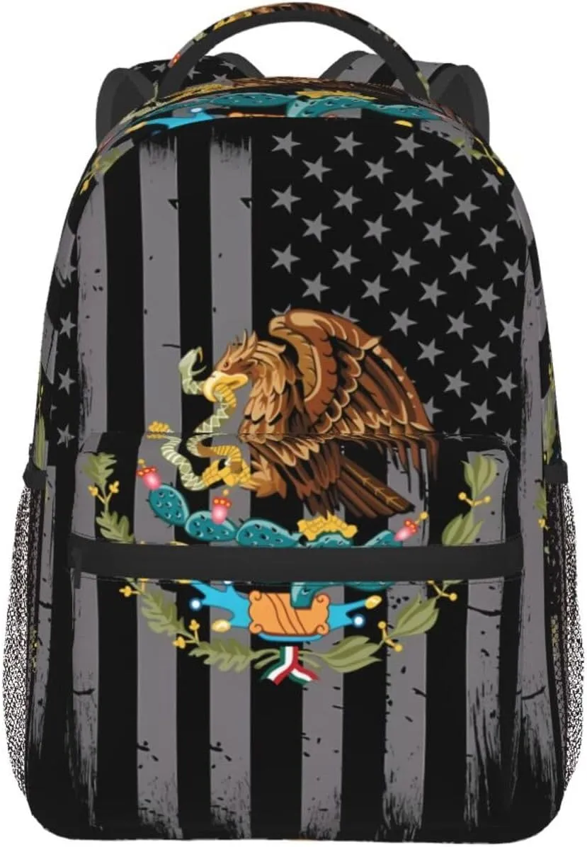 Mexican Flag Backpack Casual Pack Bag Laptop Backpack With Side Pocket Front Zipper Pocket Bookpack Travel Daypack Picnic Rucksack