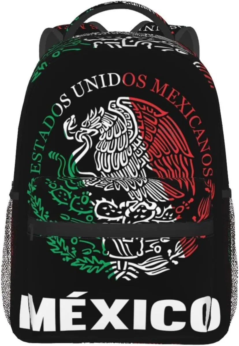 Mexican Flag Backpack Casual Pack Bag Laptop Backpack With Side Pocket Front Zipper Pocket Bookpack Travel Daypack Picnic Rucksack