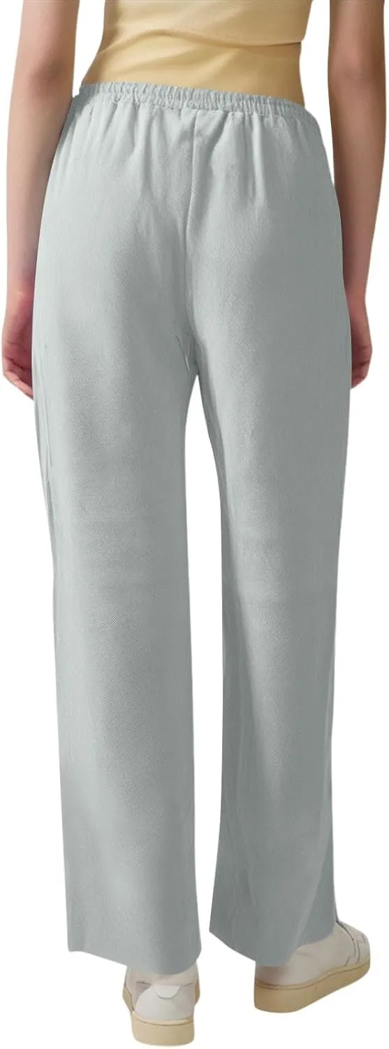 midelxp Baggy Linen Pants Women Summer Boho Lightweight High Waist Palazzo Pants Loose Comfy Straight Leg Pants with Pockets