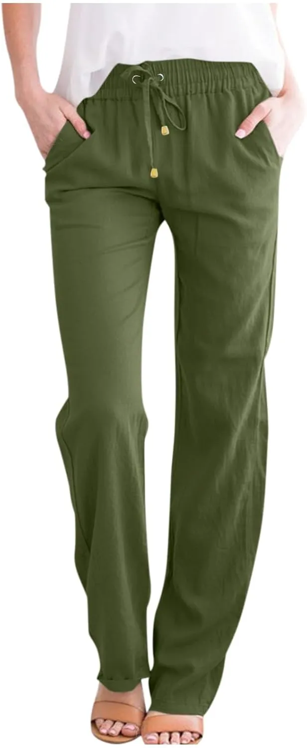 midelxp Baggy Linen Pants Women Summer Boho Lightweight High Waist Palazzo Pants Loose Comfy Straight Leg Pants with Pockets