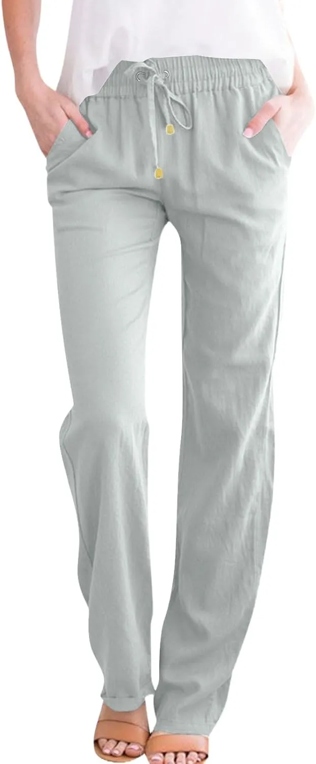 midelxp Baggy Linen Pants Women Summer Boho Lightweight High Waist Palazzo Pants Loose Comfy Straight Leg Pants with Pockets