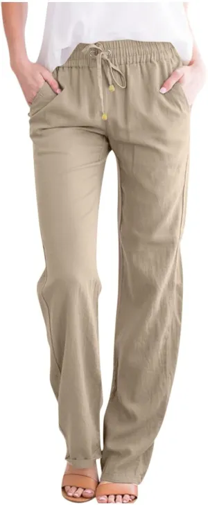 midelxp Baggy Linen Pants Women Summer Boho Lightweight High Waist Palazzo Pants Loose Comfy Straight Leg Pants with Pockets