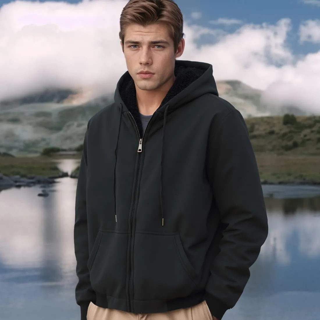 MINANUO Hoodies for Men Full Zip Up Sherpa Lined Sports Sweatshirts Mens Winter Fleece Fabric Jacket with Hood