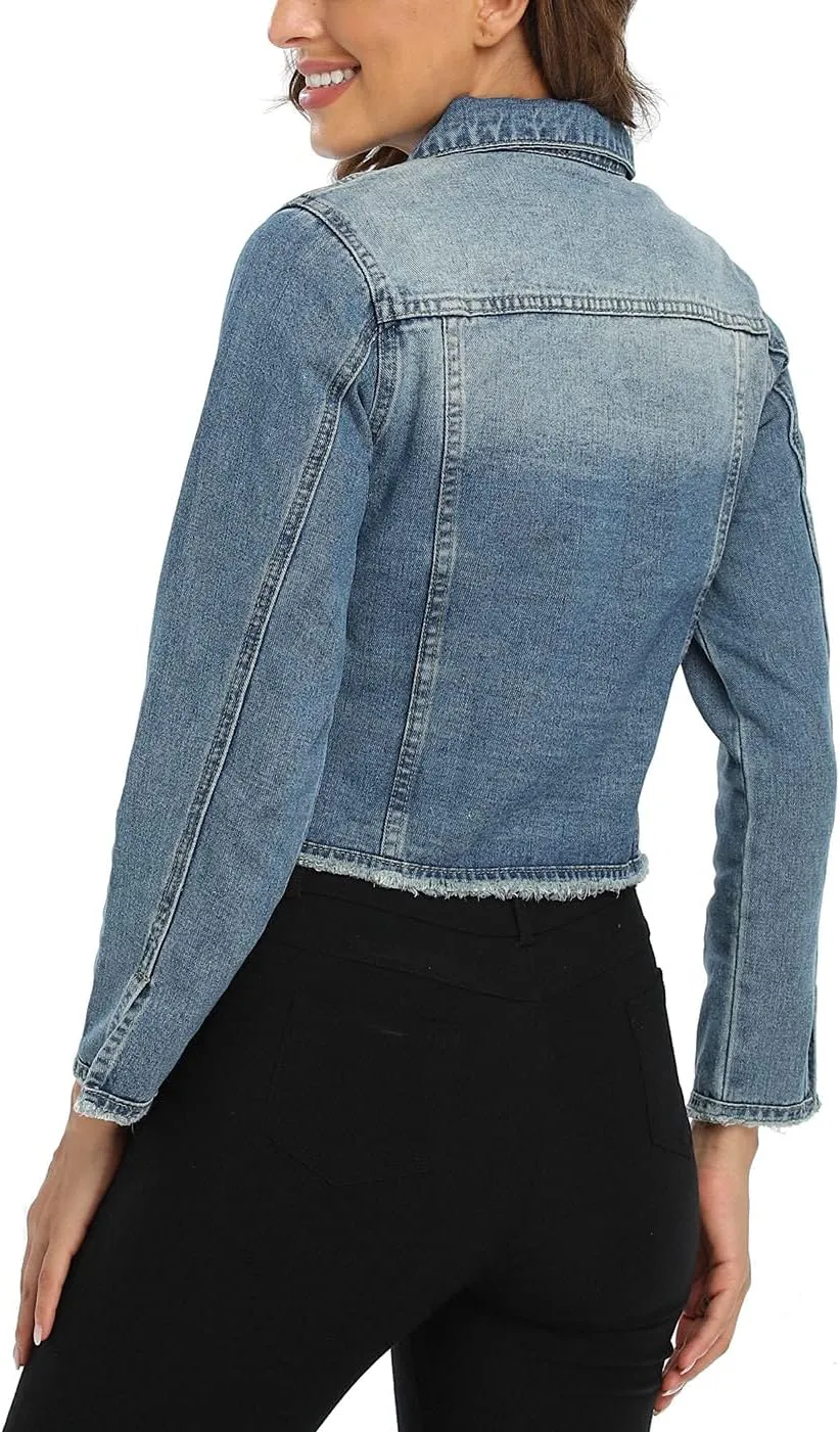 MISS MOLY Jean Jacket Womens Frayed Washed Button Up Cropped Denim Jacket w 2 Side Pockets