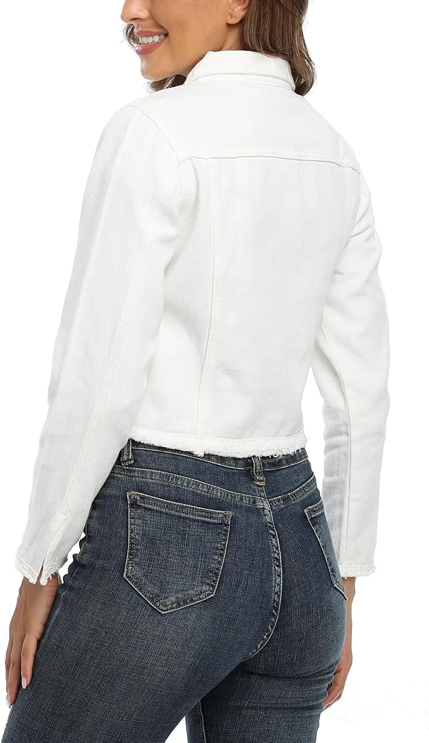 MISS MOLY Jean Jacket Womens Frayed Washed Button Up Cropped Denim Jacket w 2 Side Pockets