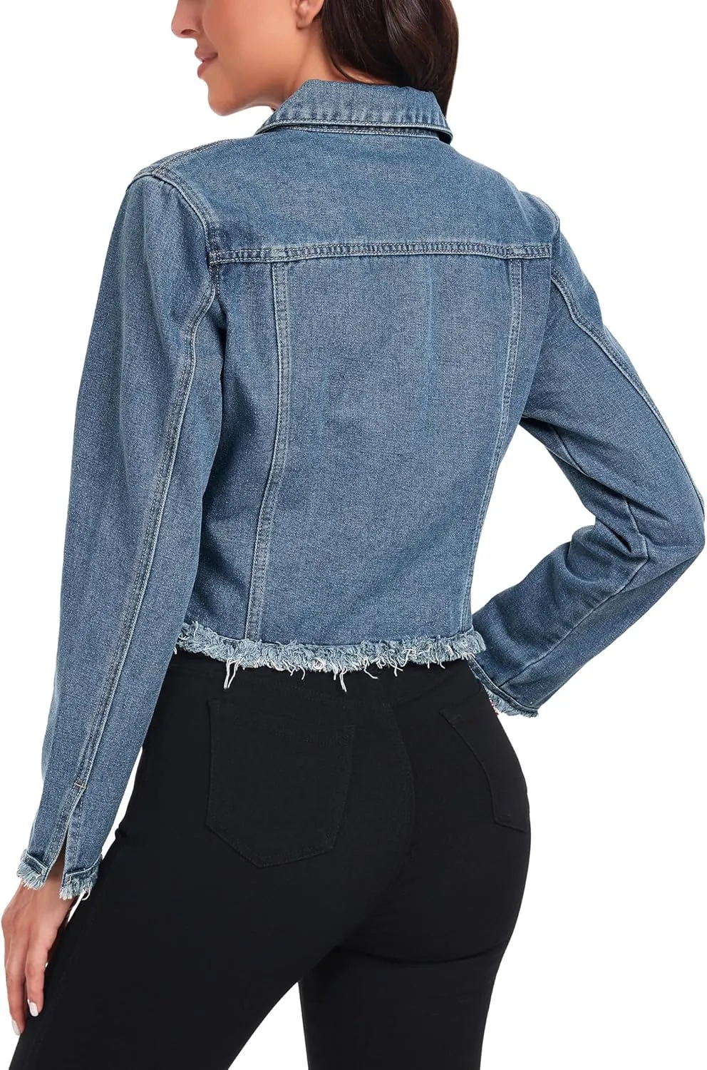 MISS MOLY Jean Jacket Womens Frayed Washed Button Up Cropped Denim Jacket w 2 Side Pockets