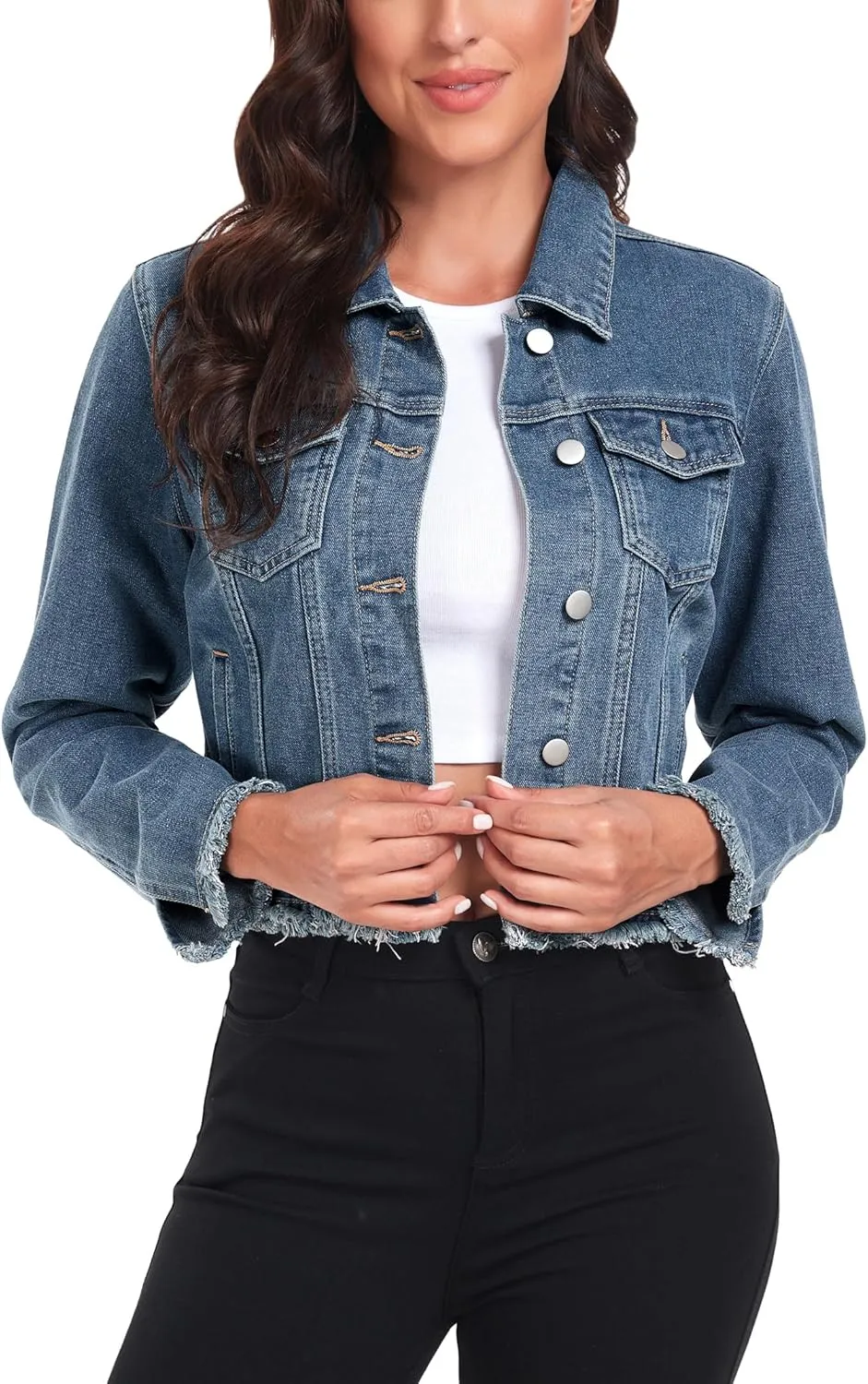 MISS MOLY Jean Jacket Womens Frayed Washed Button Up Cropped Denim Jacket w 2 Side Pockets