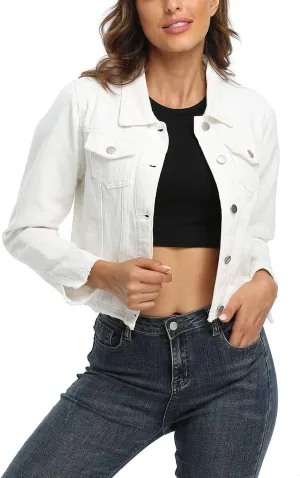 MISS MOLY Jean Jacket Womens Frayed Washed Button Up Cropped Denim Jacket w 2 Side Pockets