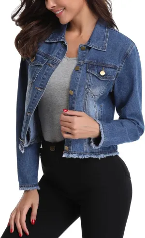 MISS MOLY Jean Jacket Womens Frayed Washed Button Up Cropped Denim Jacket w 2 Side Pockets
