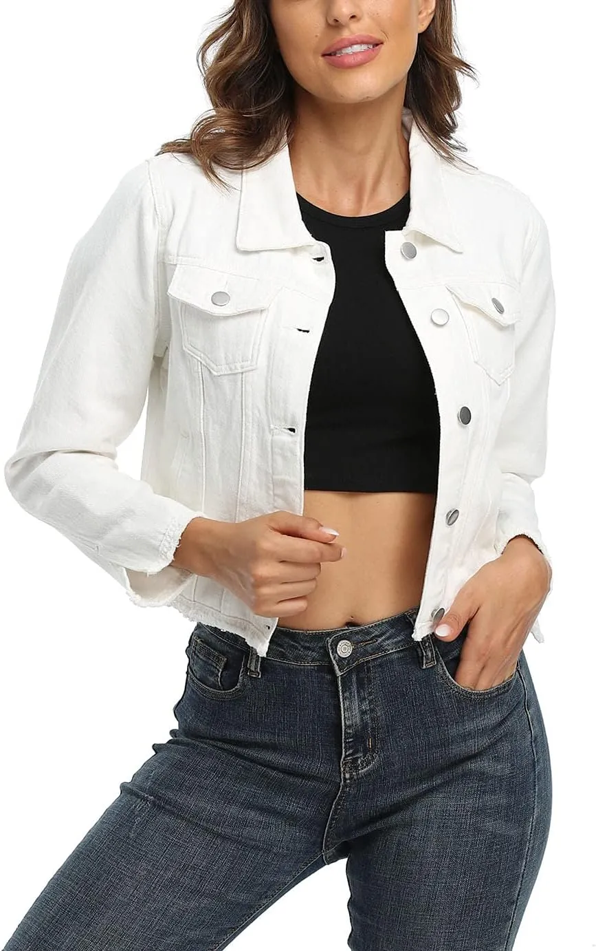 MISS MOLY Jean Jacket Womens Frayed Washed Button Up Cropped Denim Jacket w 2 Side Pockets