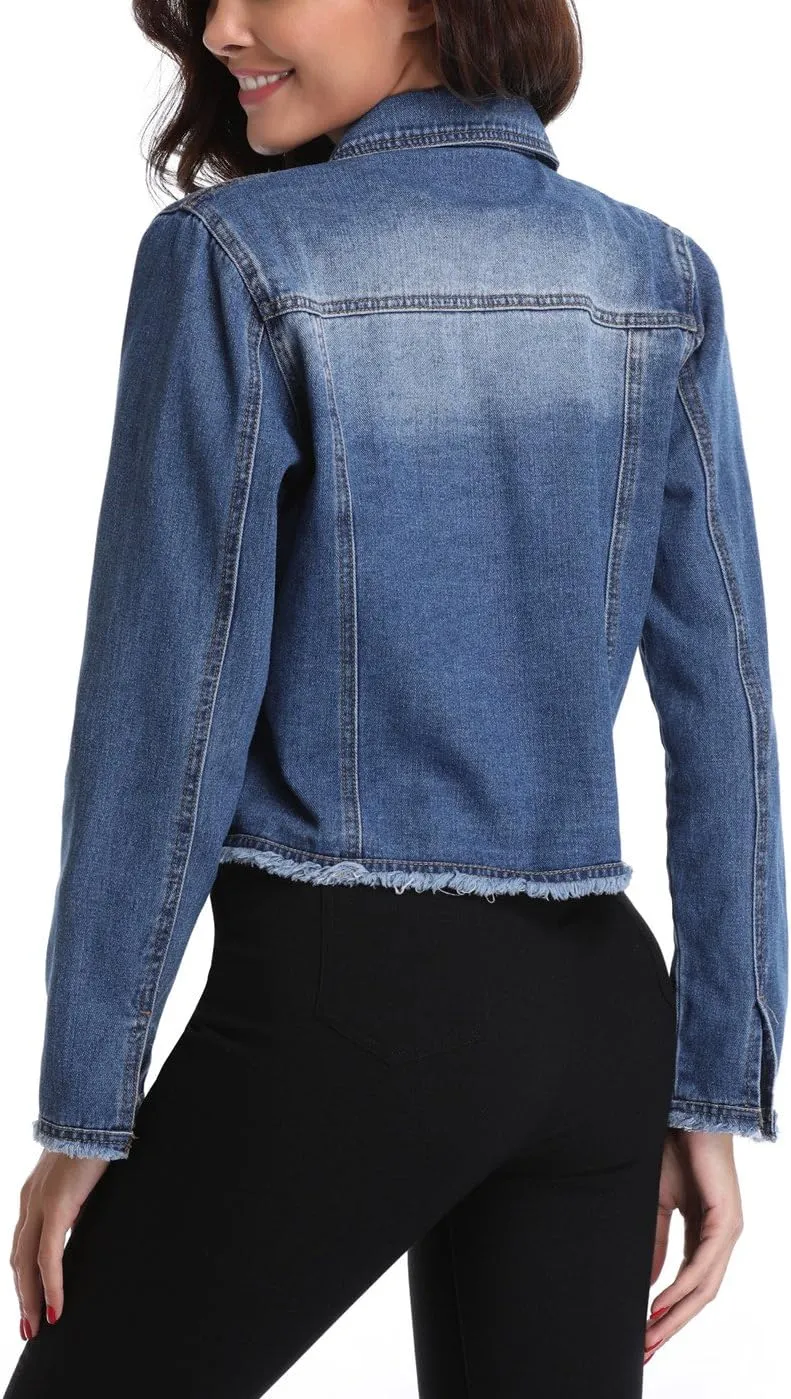 MISS MOLY Jean Jacket Womens Frayed Washed Button Up Cropped Denim Jacket w 2 Side Pockets