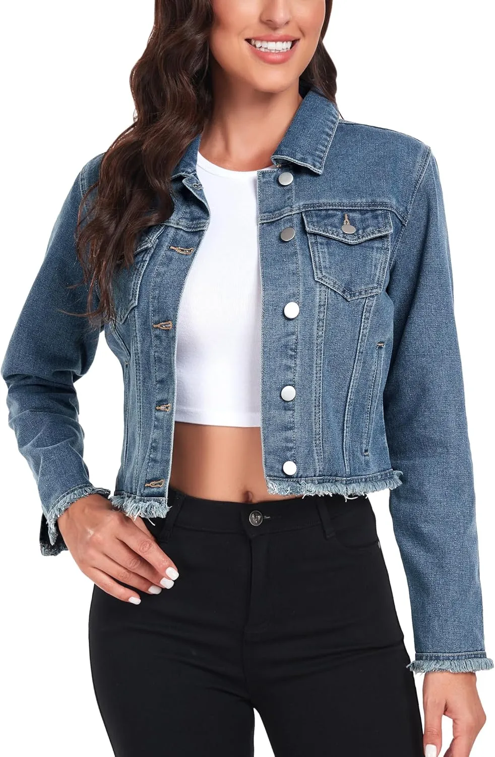 MISS MOLY Jean Jacket Womens Frayed Washed Button Up Cropped Denim Jacket w 2 Side Pockets