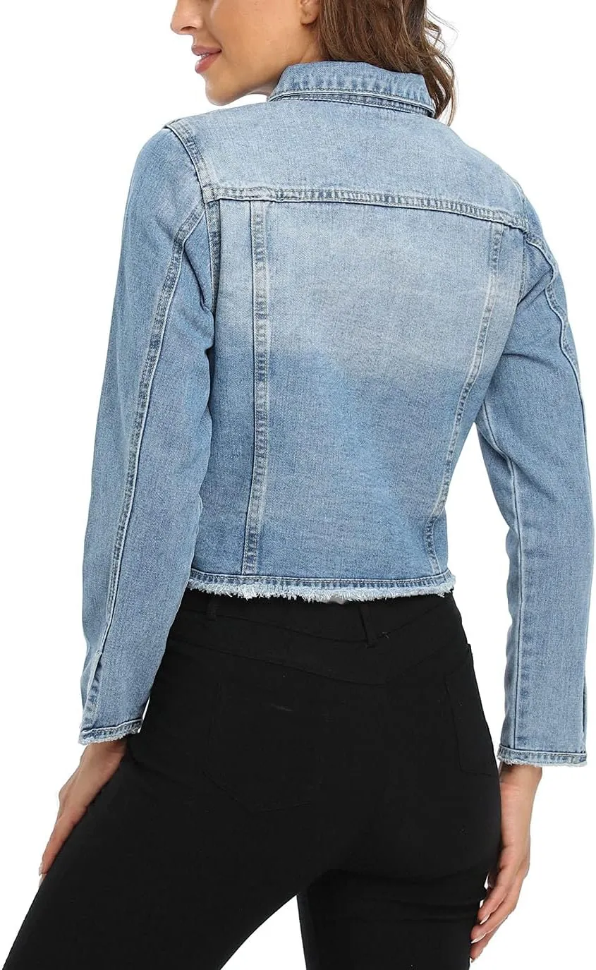 MISS MOLY Jean Jacket Womens Frayed Washed Button Up Cropped Denim Jacket w 2 Side Pockets