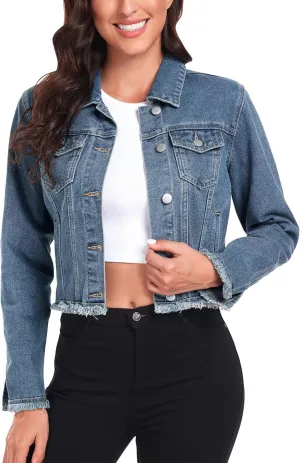 MISS MOLY Jean Jacket Womens Frayed Washed Button Up Cropped Denim Jacket w 2 Side Pockets