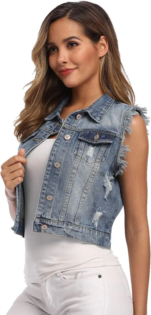 MISS MOLY Women's Denim Distressed Classic Vest Cotton