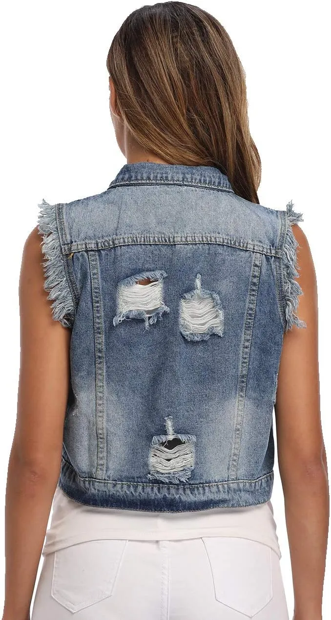 MISS MOLY Women's Denim Distressed Classic Vest Cotton