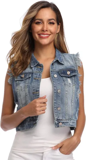 MISS MOLY Women's Denim Distressed Classic Vest Cotton