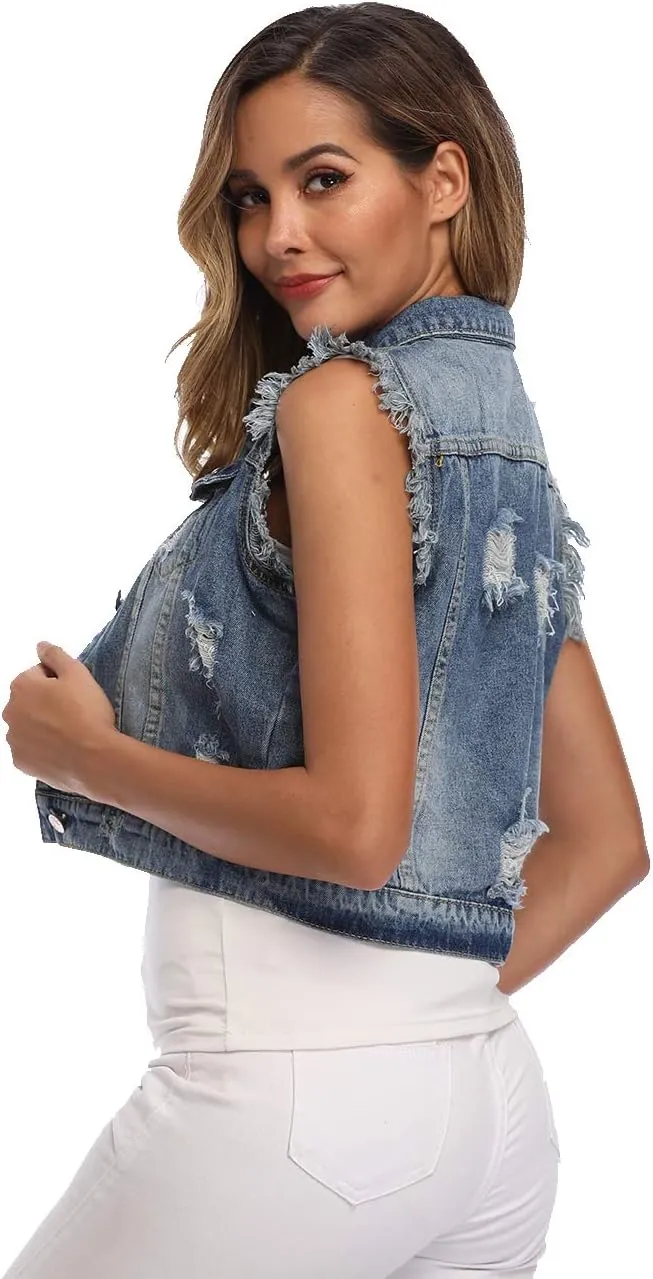 MISS MOLY Women's Denim Distressed Classic Vest Cotton