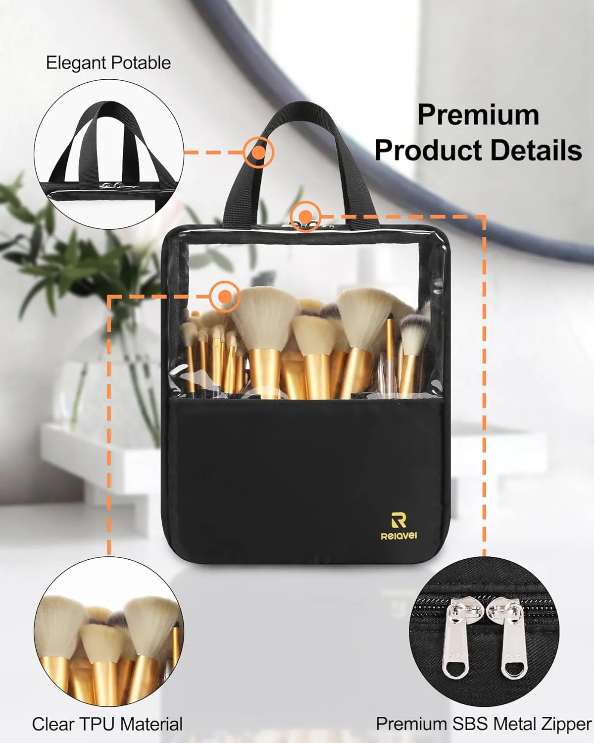 MONSTINA Extra Large Makeup Brush Organizer Bag,High Capacity Portable Stand-Up Makeup Brush Holder,Professional Artist Makeup Case Transparent Clear