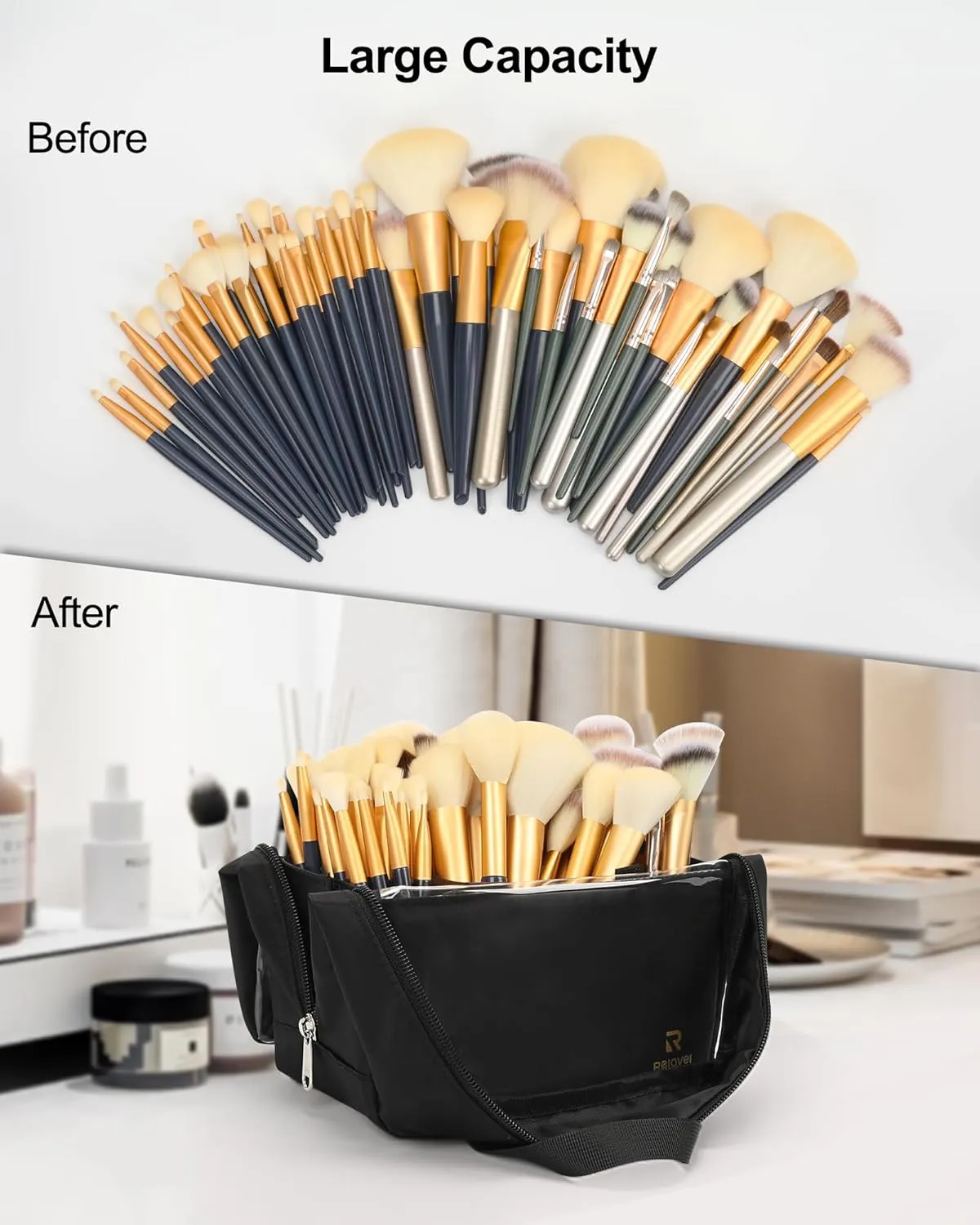 MONSTINA Extra Large Makeup Brush Organizer Bag,High Capacity Portable Stand-Up Makeup Brush Holder,Professional Artist Makeup Case Transparent Clear